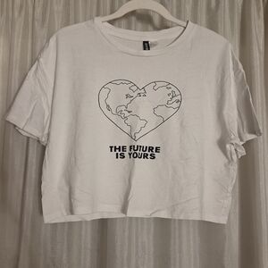 Divided White Crop Top with Heart Graphic